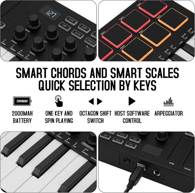 M-VAVE M-Wave 25 Key USB MIDI Keyboard Controller With 8 Backlit Drum Pads, Bluetooth Semi Weighted Professional dynamic keybed 8 Knobs and Music Production,Software Included (classics) K5 - Image 5